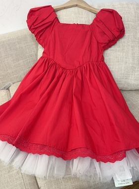 宝儿w红色纯棉公主裙，连衣裙，花苞袖，带裙撑，同款黑色，1502