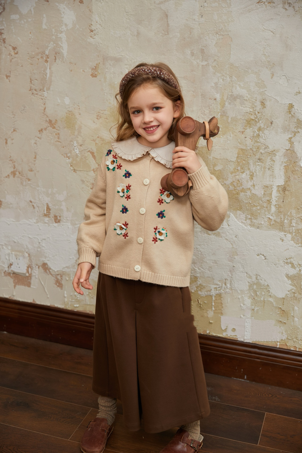 宝儿w女宝咖色阔腿裤，八分裤，森系百搭，0936