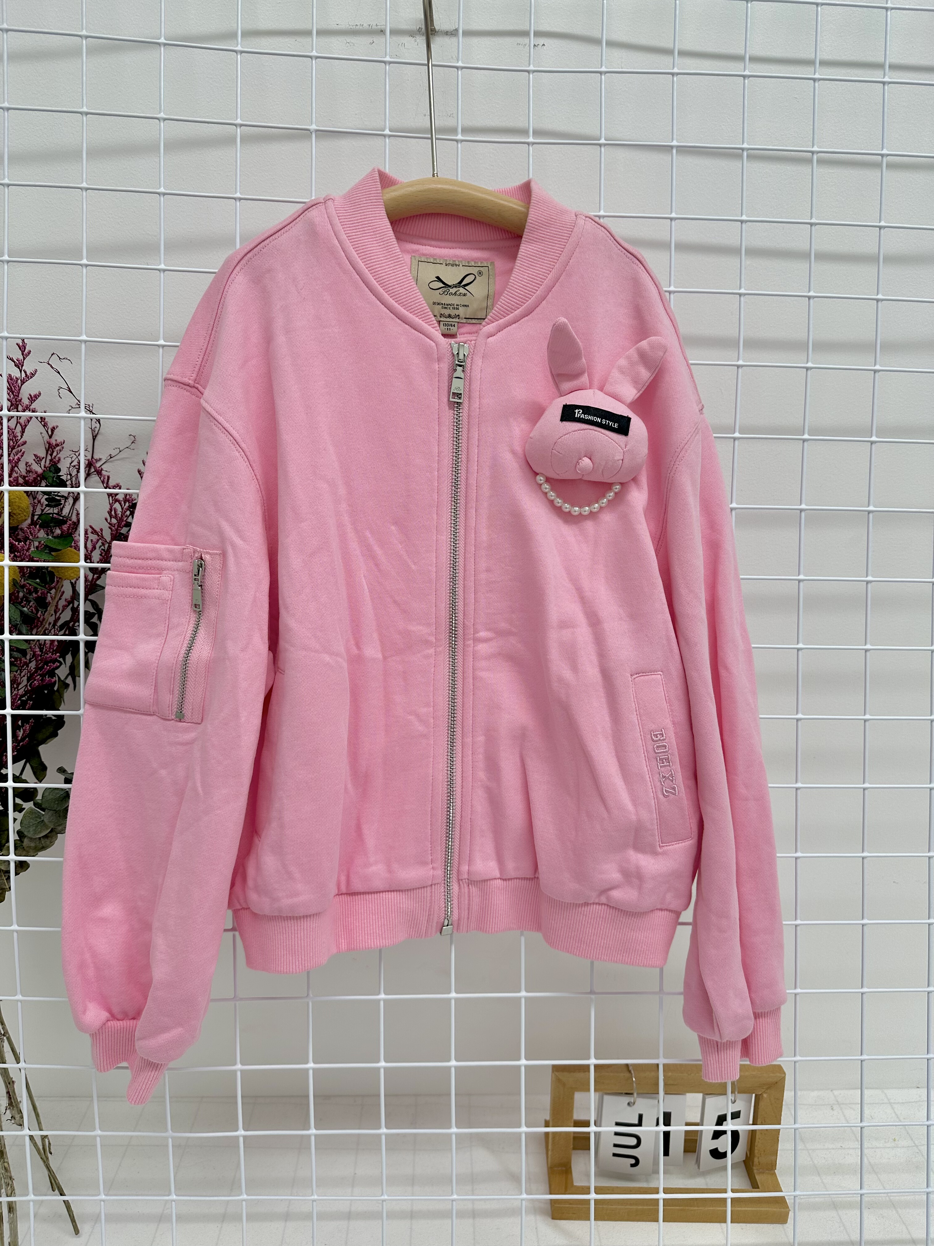 A柏家女宝 纯棉粉色重工连帽卫衣开衫