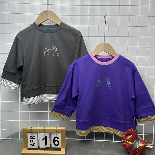0518高端童装大品家小九，中性加厚T恤，假两件八分袖