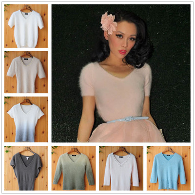 日本安哥拉兔绒V领短袖套头毛衣