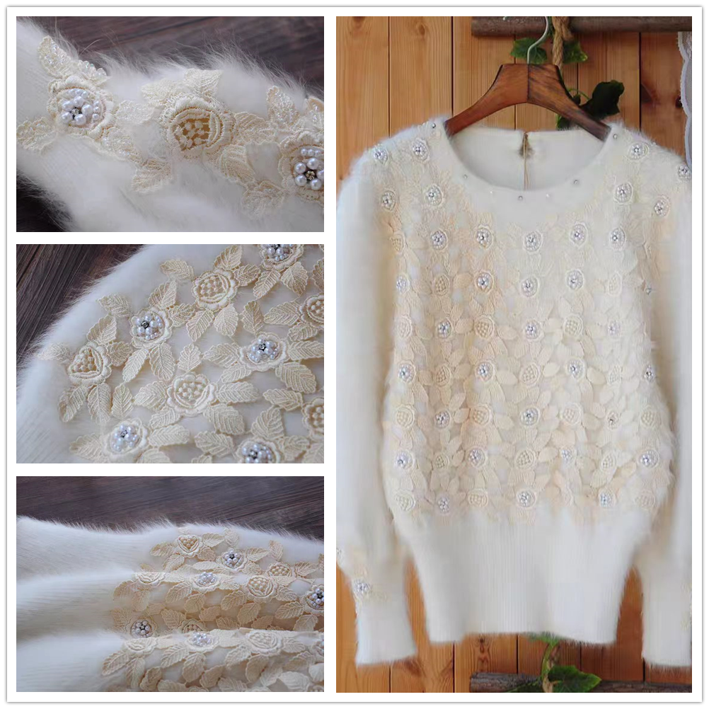 精品原单浓密长兔毛兔绒唯美蕾丝订珠花朵名媛气质秋冬毛衣套头女