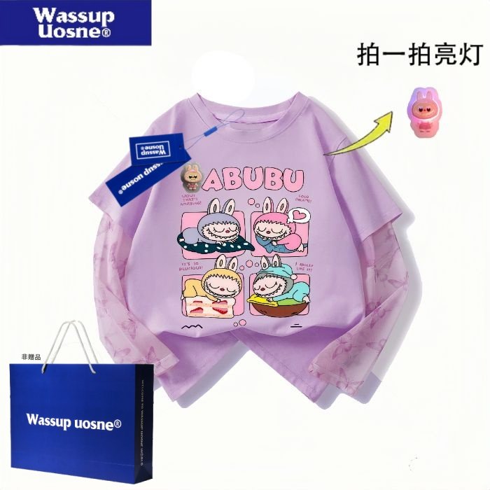 WASSUP联女童短袖T恤防晒袖夏季儿童韩版宽松中大童卡通印花上衣