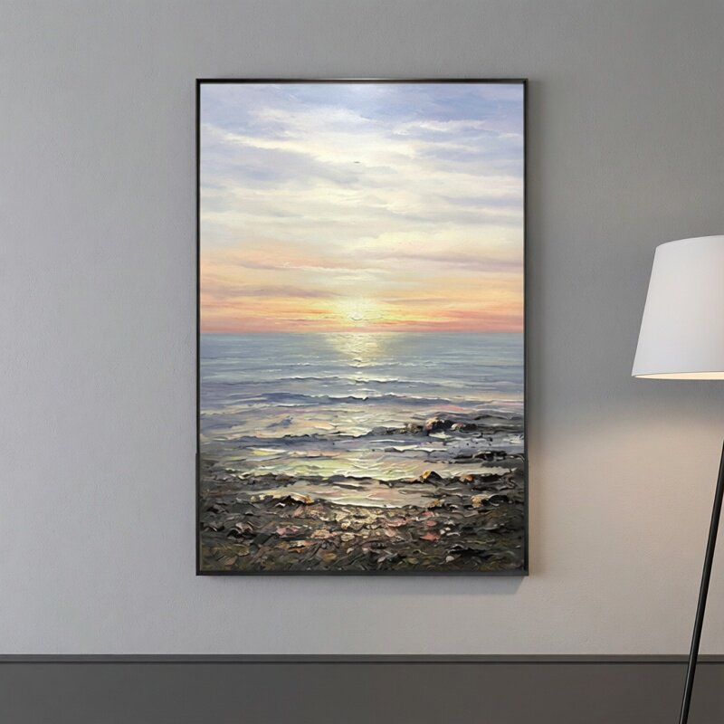墨野集抽象手绘油画客厅装饰画海景日落立体客厅家居摆件有框挂画