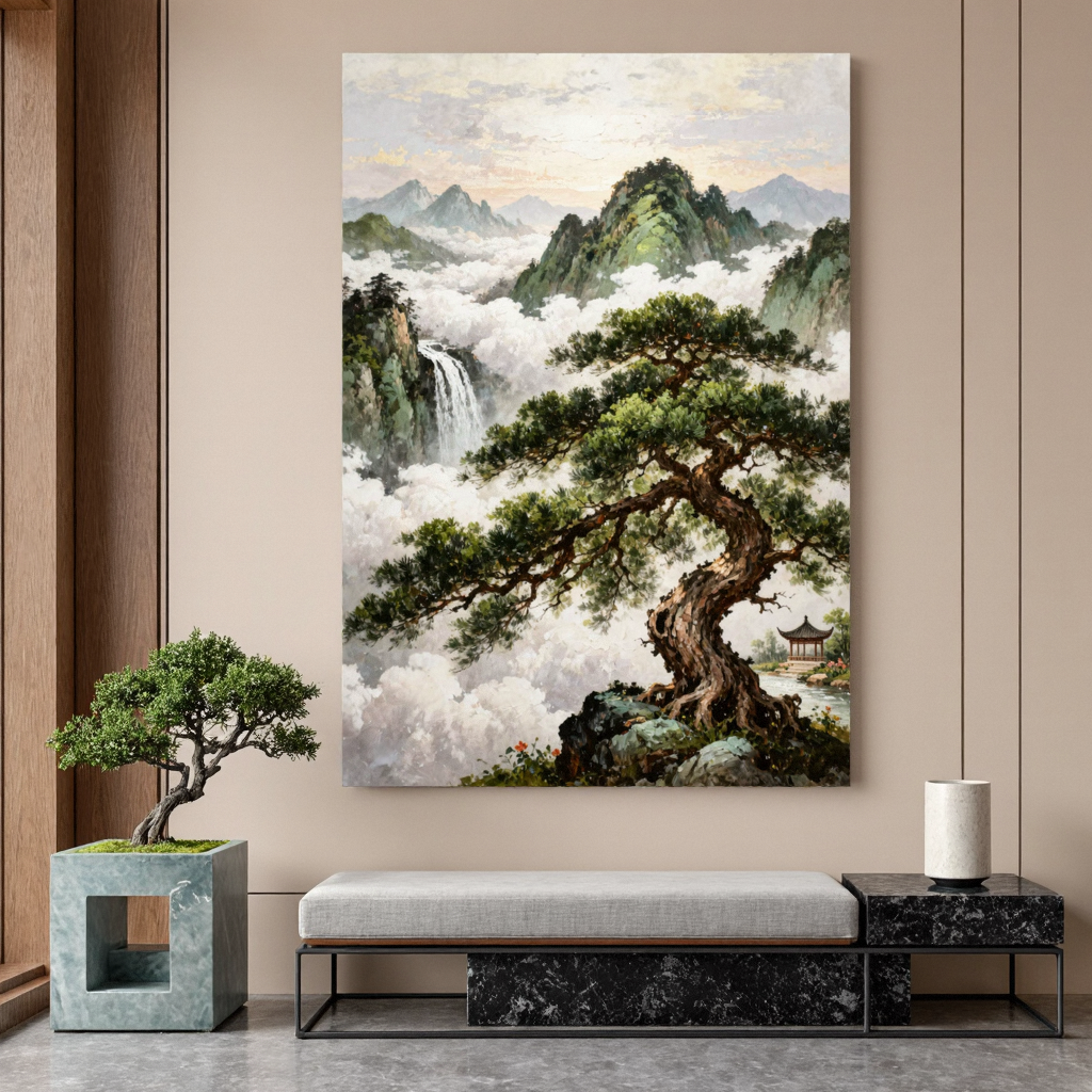 中式山水手绘肌理高端油画