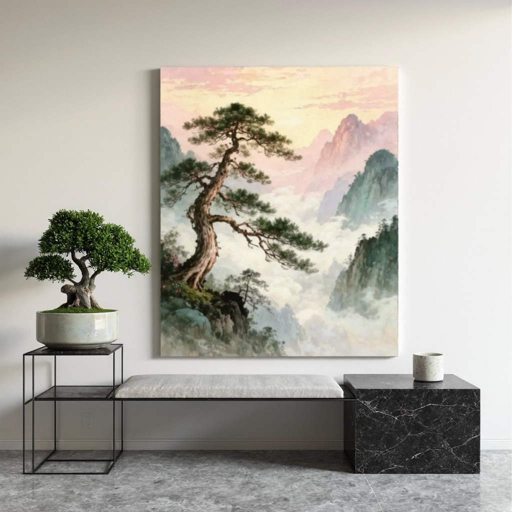 大气国风山水松树客厅油画