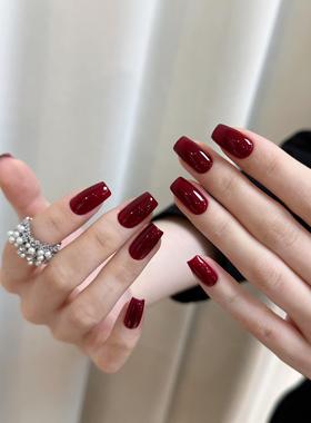 手工穿戴甲秋冬复古显白车厘子红色美甲高级感气质可拆卸方形甲片