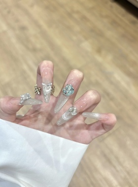 手工穿戴甲冰透裸渐变蓝绿色微笑猫眼高级爆闪满钻锆石可拆卸美甲