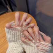 嬛嬛摸脸护甲富家千金贵气高级裸色奢华猫眼珍珠满彩钻手工穿戴甲