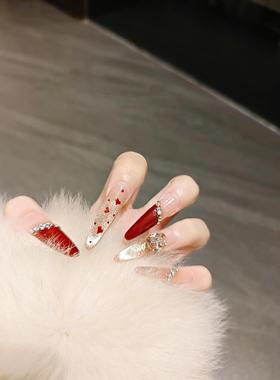手工穿戴甲新年圣诞氛围感法式红色爱心渐变香槟金猫眼爆闪钻美甲