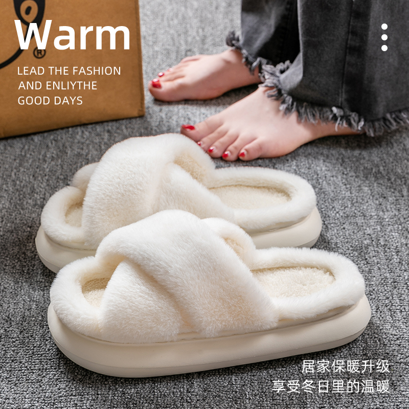 北欧风居家毛毛露趾拖鞋女冬季居家舒适保暖加绒厚底情侣棉拖鞋男