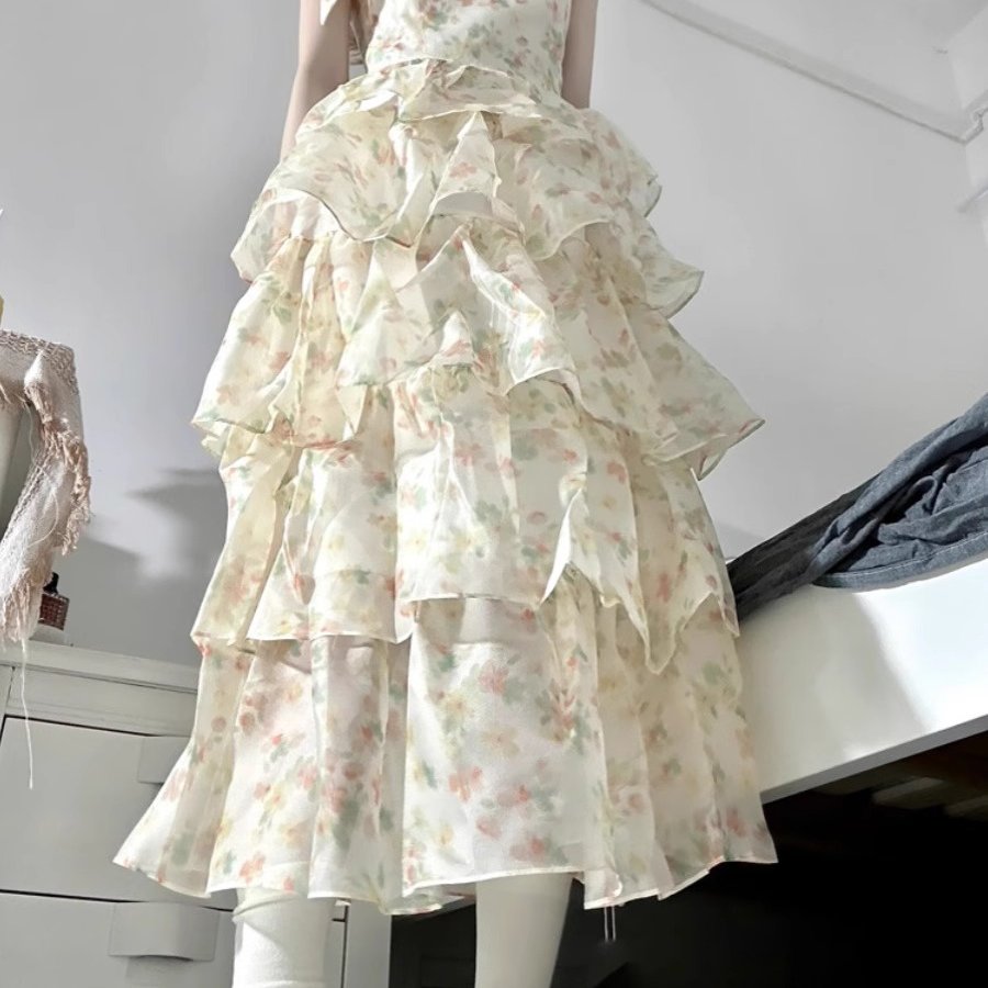 法式甜美蝴蝶结绑带碎花连衣裙女夏季2025新款显瘦蛋糕裙仙女裙子
