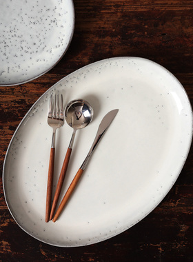 外贸出口丹麦 ins网红北欧复古手作灰白做旧陶瓷超大椭圆餐盘托盘