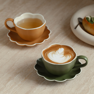 陶瓷拉花咖啡杯宽口杯拿铁杯下午茶花茶杯复古法式伴手礼送礼礼物