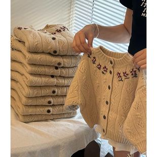 外套 韩国童装 女童针织开衫 春秋新款 刺绣花朵毛衣时髦长袖