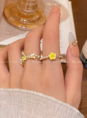 雏菊小花珍珠戒指女甜美小众设计感食指戒精致轻奢高级感指环