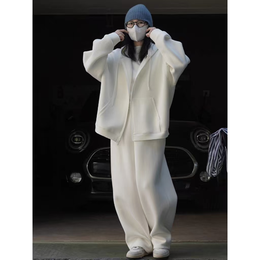 韩版慵懒风白色休闲运动服套装女秋季连帽卫衣宽松阔腿长裤两件套