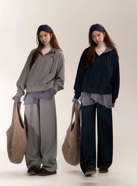 灰色连帽假两件格纹拼接卫衣套装女2025年春季学院风阔腿裤两件套