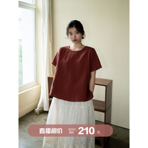 100亚麻酵素洗麻衫富贵皱气质基础上衣安妮森林大码女装文艺短袖