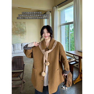 950g羊毛定染琥珀棕色翻领立裁设计手工双面呢气质大衣 安妮森林