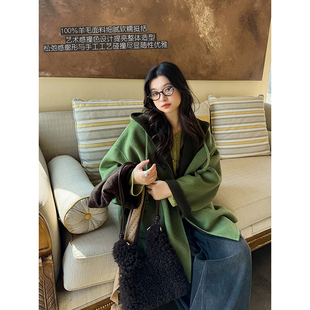 艺术感撞色100羊毛绿色高级感连帽韩系手工双面呢大衣冬 安妮森林