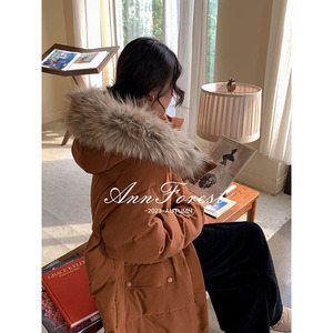 【焦糖巧巧】安妮森林焦糖色90白鸭绒连帽羽绒服冬新款保暖过膝女