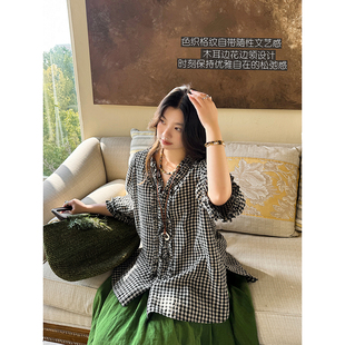 色织亚麻格纹水洗木耳花边领文艺设计宽松气质衬衫 安妮森林