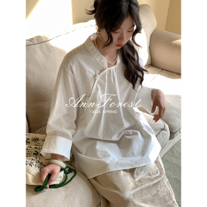 亚麻棉好质感麻料珍珠扣上衣安妮森林2024年春季大码亲肤文艺小衫