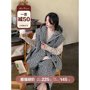 荃棉格纹绗棉马甲+文艺半身裙 撞色布包扣安妮森林遮肉显瘦冬套装