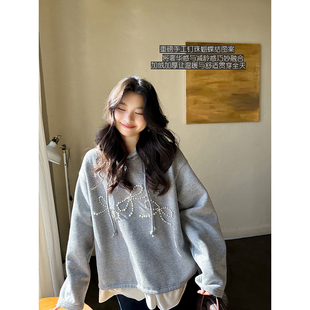 重磅手工钉珠加绒加厚珍珠蝴蝶结连帽宽松温柔百搭卫衣冬安妮森林