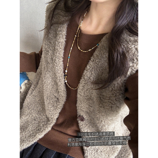 高奢100羊毛亚麻褐色复古利落廓形叠穿百搭皮草马甲外套 安妮森林