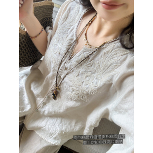 重工纯苎麻仙气定位串珠亮片刺绣文艺花边显瘦优雅衬衫 安妮森林