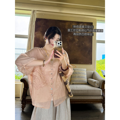 安妮森林100苎麻定位刺绣衬衫