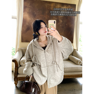 高端羊毛棉毛线质感复合绒连帽设计宽松百搭休闲外套冬 安妮森林