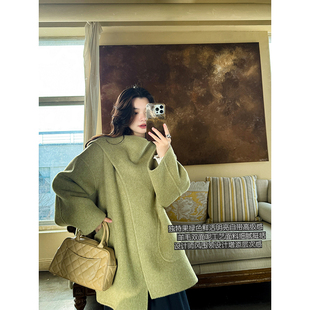 轻奢设计师风羊毛果绿色随性慵懒感宽松双面呢大衣外套 安妮森林