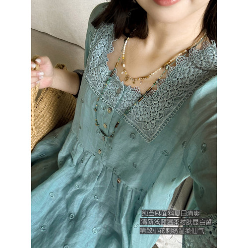 安妮森林纯苎麻刺绣法式连衣裙