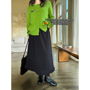 文艺仙气木耳花边复古加厚毛呢质感显瘦优雅A字半身裙 安妮森林