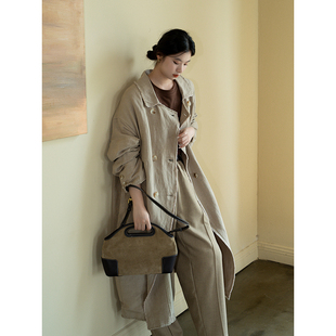 麻棉毛边酵素洗韩版宽松麻料风衣外套安妮森林大码女装2025女秋款