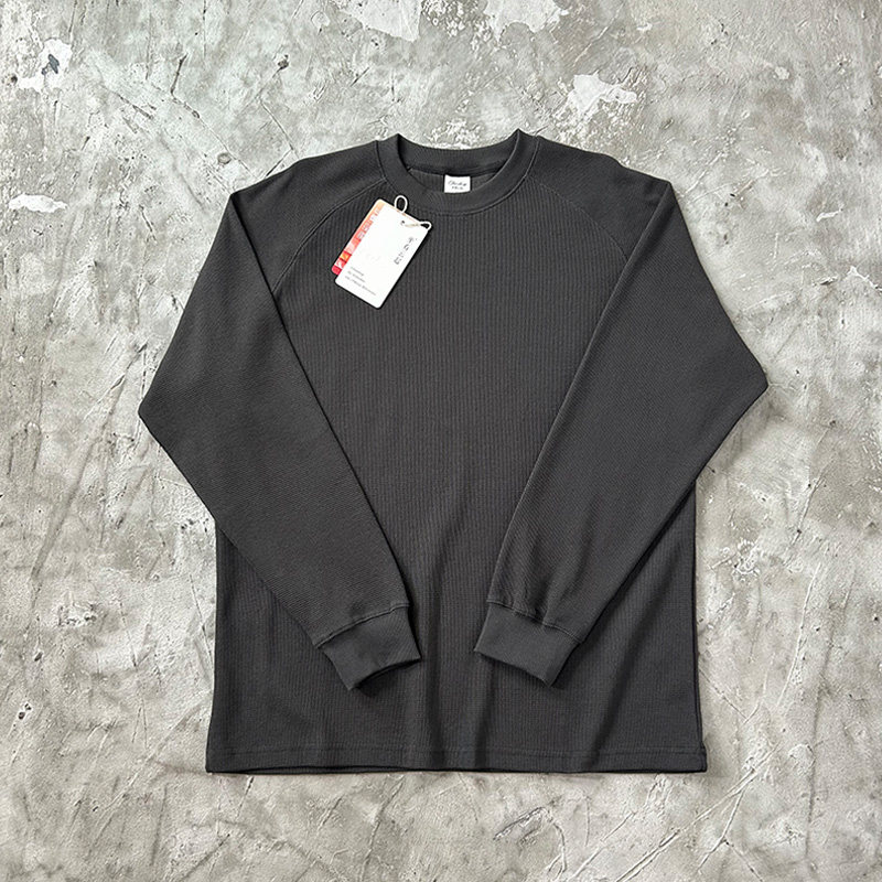 thumbnail for 360g heavy waffle long sleeve T-shirt raglan sleeves crew neck small neckline loose vintage cotton autumn and winter men's and women's bases