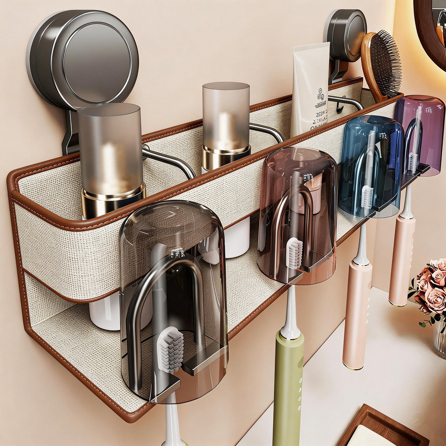 吸盘牙刷置物架卫生间免打孔漱口杯护肤品收纳架多功能牙膏储物架