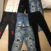 水洗镶钻做旧破洞长裤 Am风格 自主欧美高街am风合集烫钻泼墨牛仔裤