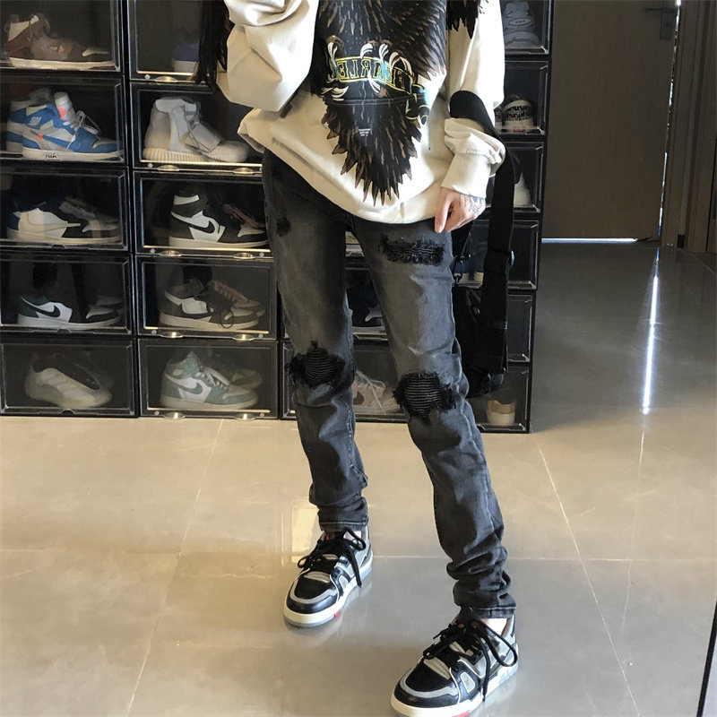 欧美高街做旧水洗修身小脚牛仔