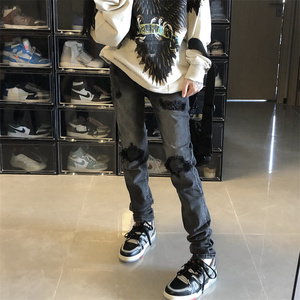 欧美高街做旧水洗修身小脚牛仔