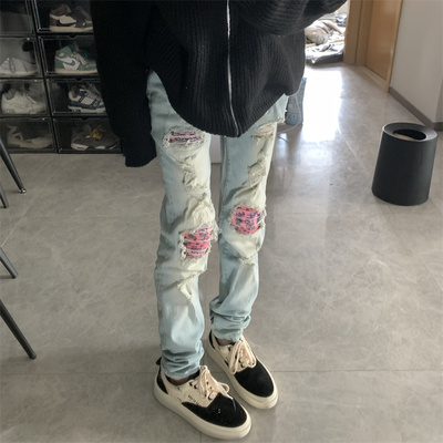 纽扣长裤补丁四季补丁印花牛仔裤