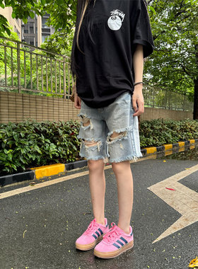 自然腰破坏泼墨牛仔短裤