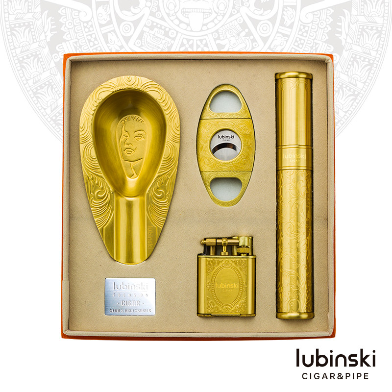 LUBINSKI雪茄4件套装 高档纯铜烟具雪茄剪+打火机+保湿管+烟灰缸