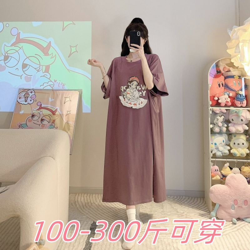 300斤特大码纯棉短袖睡裙女夏季加肥加大胖MM200斤卡通印花家居服