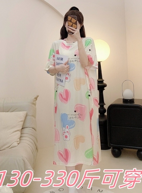 2025夏季特大码350斤冰丝睡裙女胖MM200加肥宽松印花孕妇睡裙女