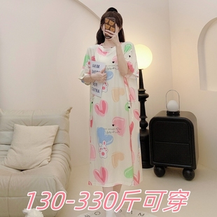 特大码 2025夏季 350斤冰丝睡裙女胖MM200加肥宽松印花孕妇睡裙女