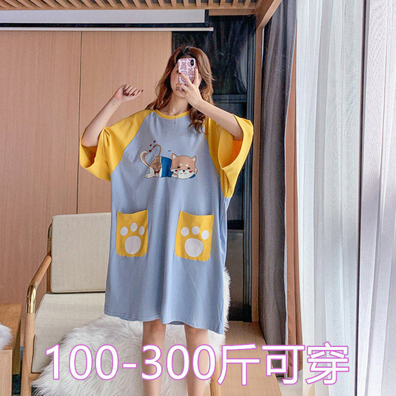 300斤特大码胖MM200斤夏睡裙女加肥加大短袖印花纯棉睡裙睡衣女